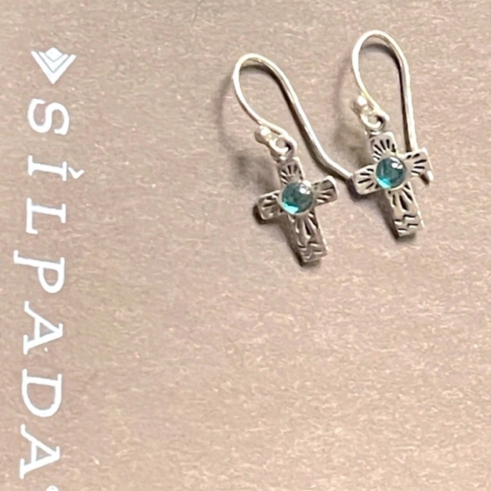 Silpada Vintage RARE Petite 
Sterling Silver Blue Stone 
Faith Cross Earrings - Picture 5 of 8
